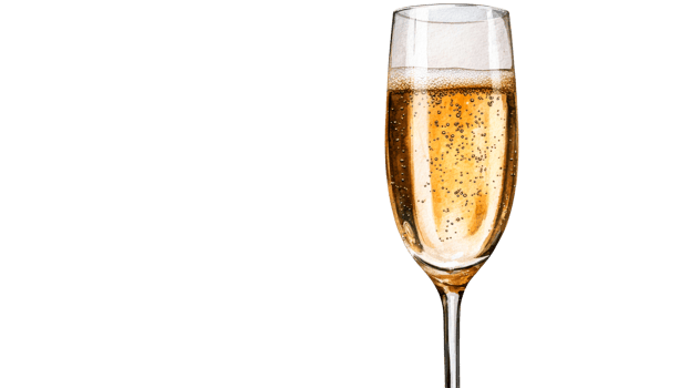 Champagne filled flute glass, close up view, luxury celebration, cut out transparent png
