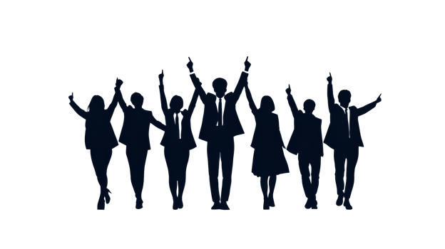 Silhouettes of diverse business team celebrating success, cut out transparent png