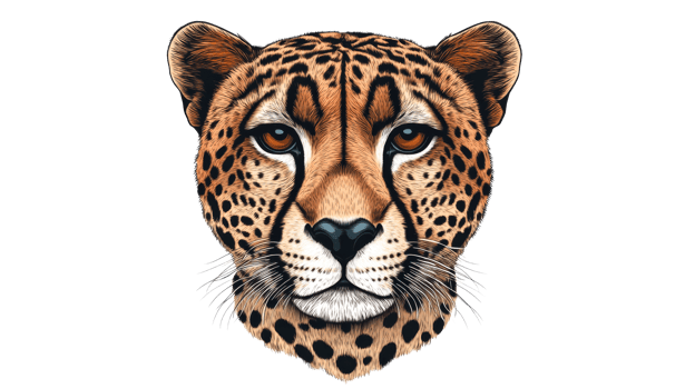 Cheetah head illustration on black background, isolated, cut out transparent png