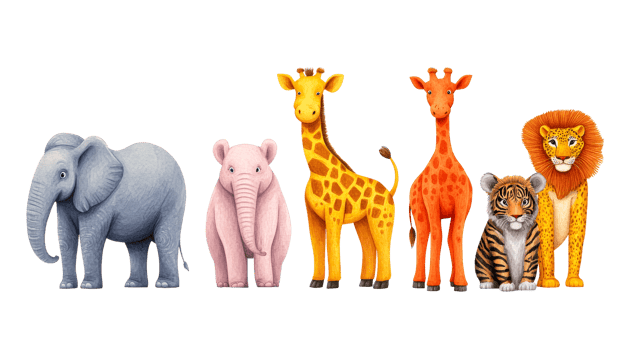 Watercolor painted jungle animal illustrations, vibrant, cute, cut out transparent png
