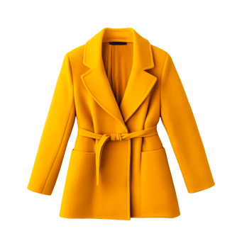 Elegant bright yellow women's coat with belt, cut out transparent png
