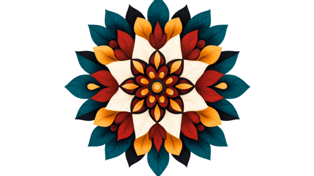 Ornamental Floral Mandala with Stylized Petals in Warm Tones, cut out transparent png