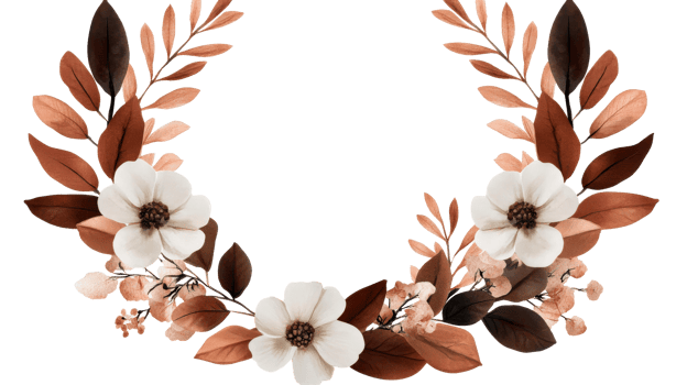 Wreath of flowers and leaves in brown and white hues, cut out transparent png