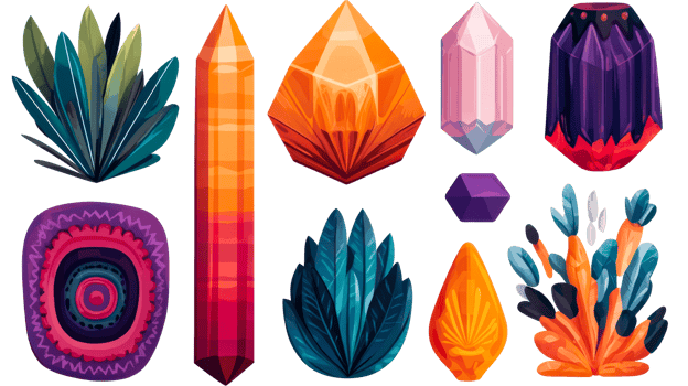 Fantasy crystal and plant element illustration, cut out transparent png