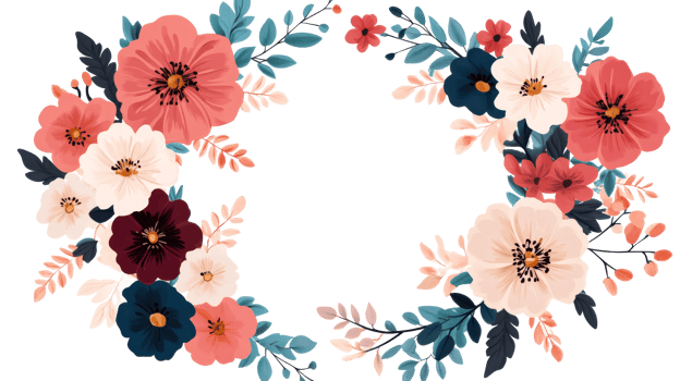 Wreath floral elegant design, colorful blossoms, petals, frame, cut out transparent png