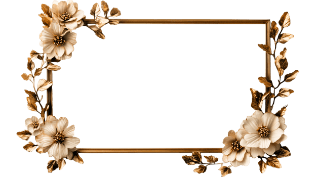 Gold frame with floral decorations, invitation layout element , cut out transparent png