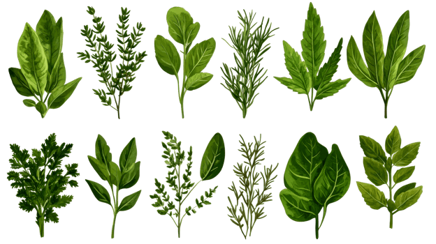 Herbal assortment on black background, botanical drawing, cut out transparent png