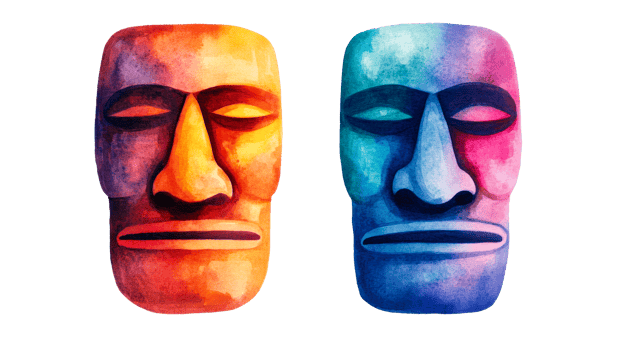 Two colorful faces with closed eyes, isolated, cut out transparent png