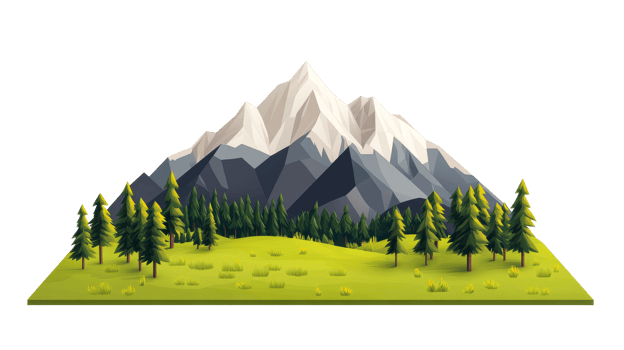 Mountainscape with trees, meadow scene, low poly style graphic, cut out transparent png