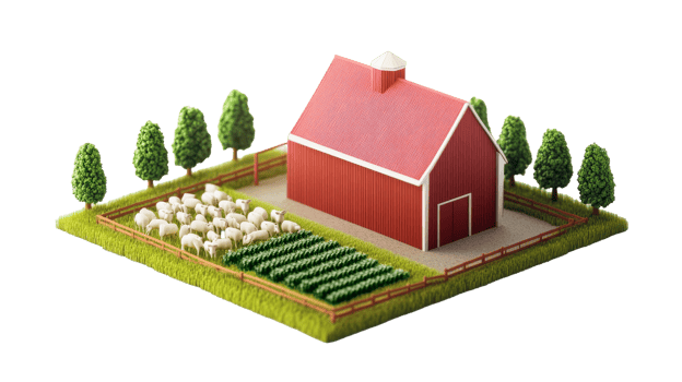 Miniature farm diorama featuring barn, sheep, trees, crops, cut out transparent png