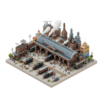 A 3d model of a train station with steam engines png