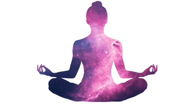 Meditating woman silhouette with galaxy, space background, cut out transparent png