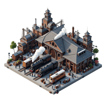 A train station with steam coming out of the chimney png