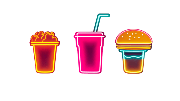 Glowing Neon Fast Food Menu Items on Black, cut out transparent png