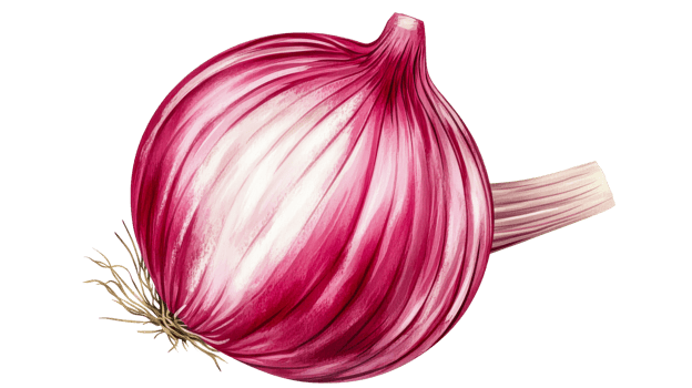 Red onion illustration against black background, cut out transparent png
