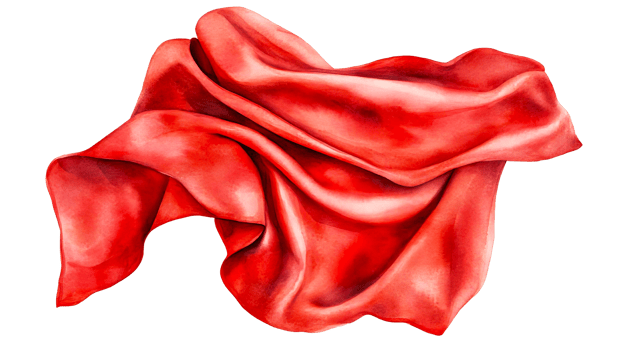 Red silk fabric with flowing folds, artistic rendering, cut out transparent png