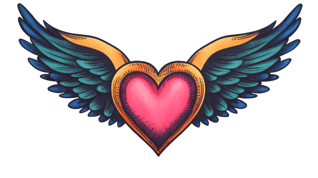 Tattoo heart with wings, ornate illustration, cut out transparent png