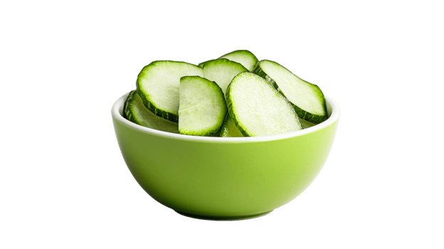 Fresh cucumber slices in green bowl, cut out transparent png