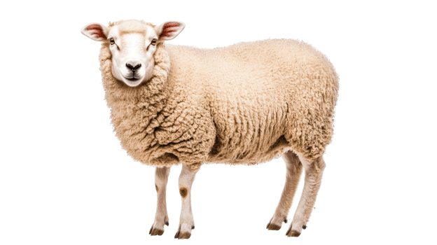 Sheep with fluffy fleece and white face portrait, domestic animal, cut out transparent png