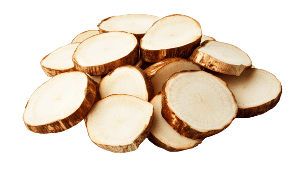 Pile of raw peeled cassava roots on black background, cut out transparent png