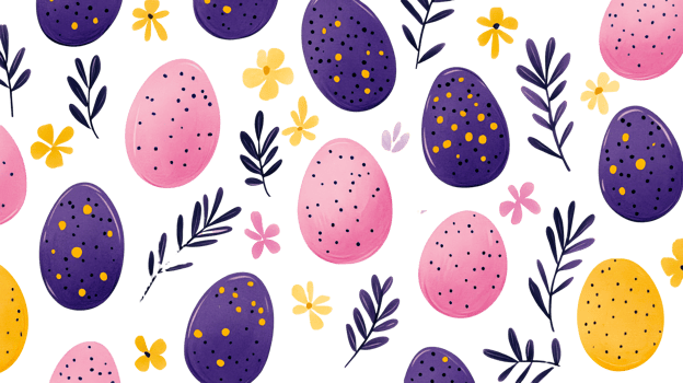 Easter Eggs and Flowers Pattern on Black Background, cut out transparent png