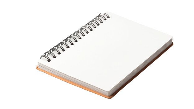 Blank spiral notebook with open pages, isolated, cut out transparent png