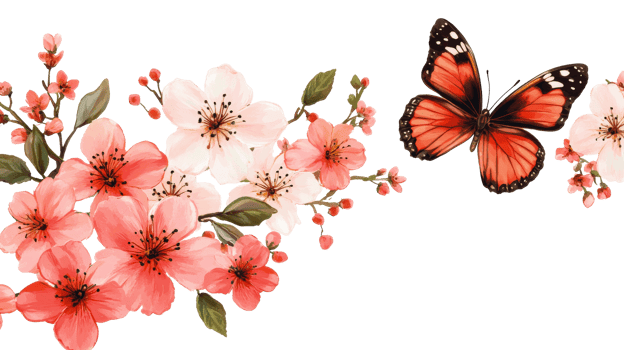 Peach flowers and butterfly digital art isolated on black, cut out transparent png