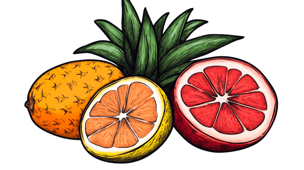 Fresh citrus fruits and pineapple illustration, cut out transparent png