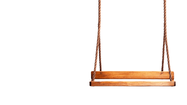Wooden swing on brown ropes on black background, cut out transparent png