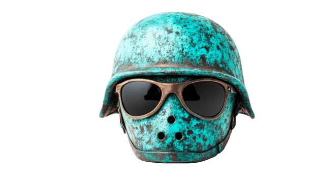Patina helmet wearing sunglasses, cut out transparent png