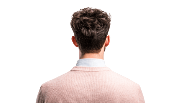Man with brown hair, seen from behind, wearing pink sweater, cut out transparent png
