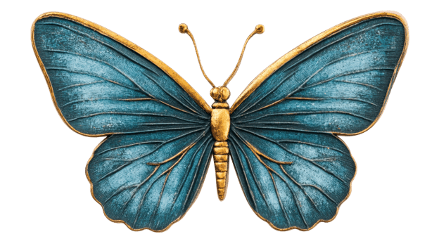 Teal and gold butterfly art decoration, cut out transparent png
