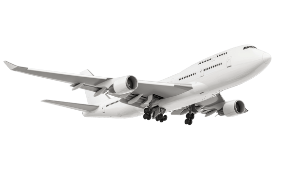 Passenger aircraft flying on black background, cut out transparent png