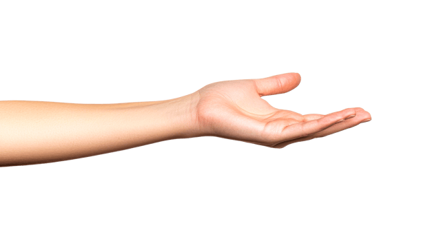 Reaching hand presents item, arm extending to give, cut out transparent png