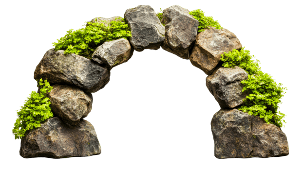 Stone arch with moss, rustic architecture, construction, cut out transparent png