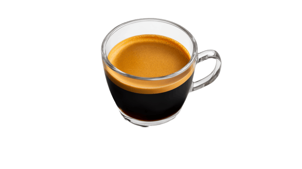 Espresso coffee in a glass cup, crema foam, dark roast, transparent png