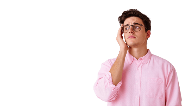 Pensive man with glasses in pink shirt, cut out transparent png