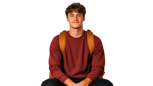 Student in red sweater sits with backpack, looking forward, cut out transparent png