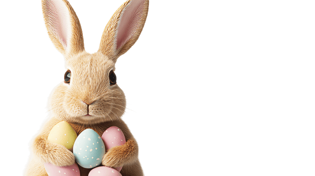 Easter bunny with colorful eggs, cut out transparent png