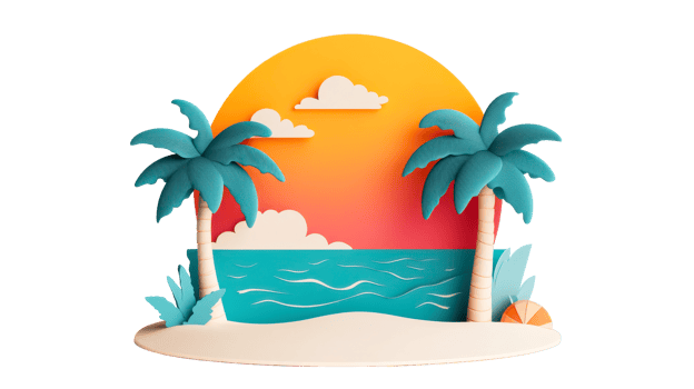 Summertime tropical beach scene, cut out transparent png