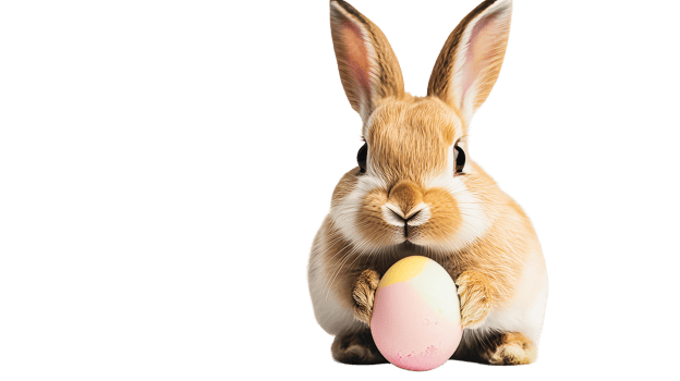 Brown bunny holding easter egg portrait studio shot, cut out transparent png