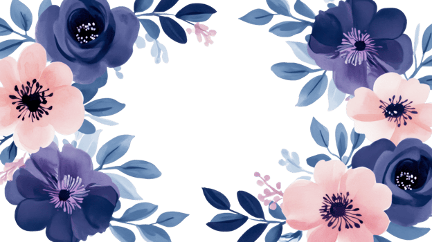 Floral border with indigo flowers, watercolor background, leaves, cut out transparent png