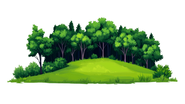 Grassy hill with lush trees and shrubs, idyllic landscape, cut out transparent png