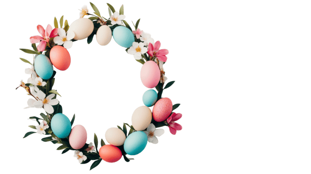 Easter egg wreath with flowers, pastel colors, spring decor, cut out transparent png
