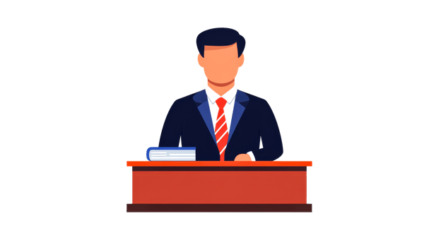 Man in suit behind podium with book illustration, cut out transparent png