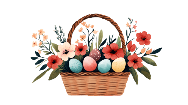 Easter basket with flowers and colorful eggs, cut out transparent png