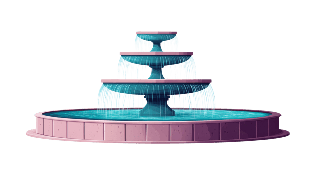 Three-tiered stone fountain with water cascading down, cut out transparent png
