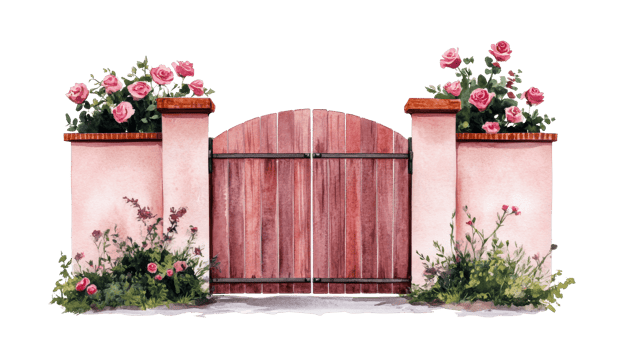 Watercolor wooden gate illustration with flowers and plants, cut out transparent png