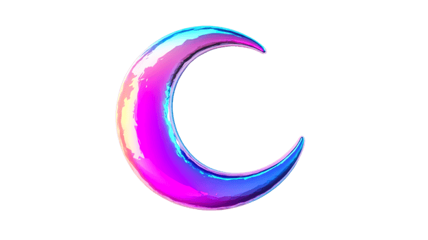 Iridescent crescent moon design in 3D rendering, cut out transparent png