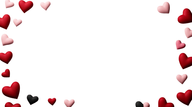 Frame of red and pink hearts on a black background, cut out transparent png